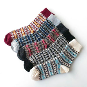Vintage ethnic-style men's wool winter socks in assorted color block patterns