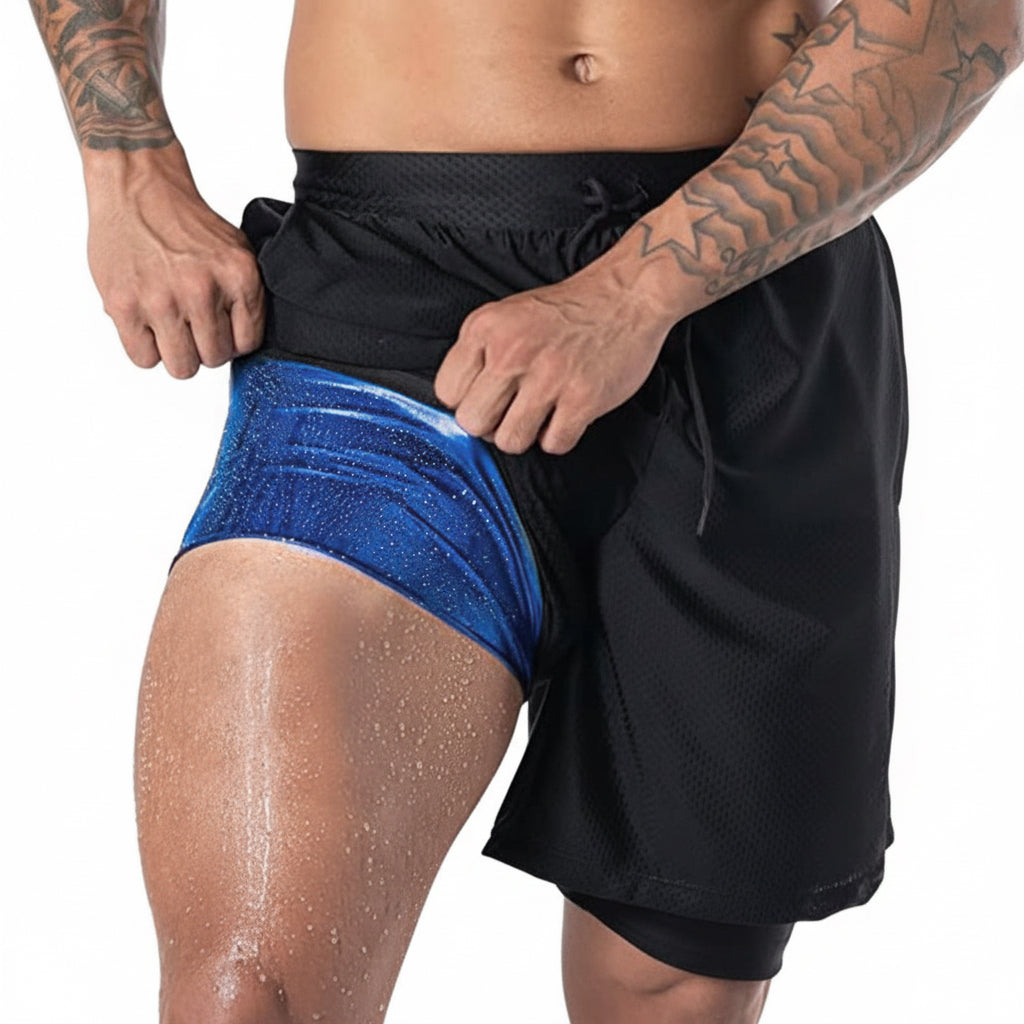 Men's blue 2-in-1 sauna sweat shorts with pockets shown from multiple angles