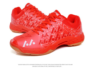 Men's badminton training shoes in blue, sky blue pink, red, and green with mesh upper and rubber sole