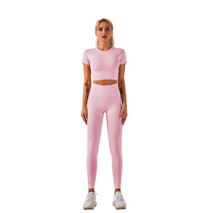 Seamless women's fitness yoga set in multiple colors including grey, pink, and blue