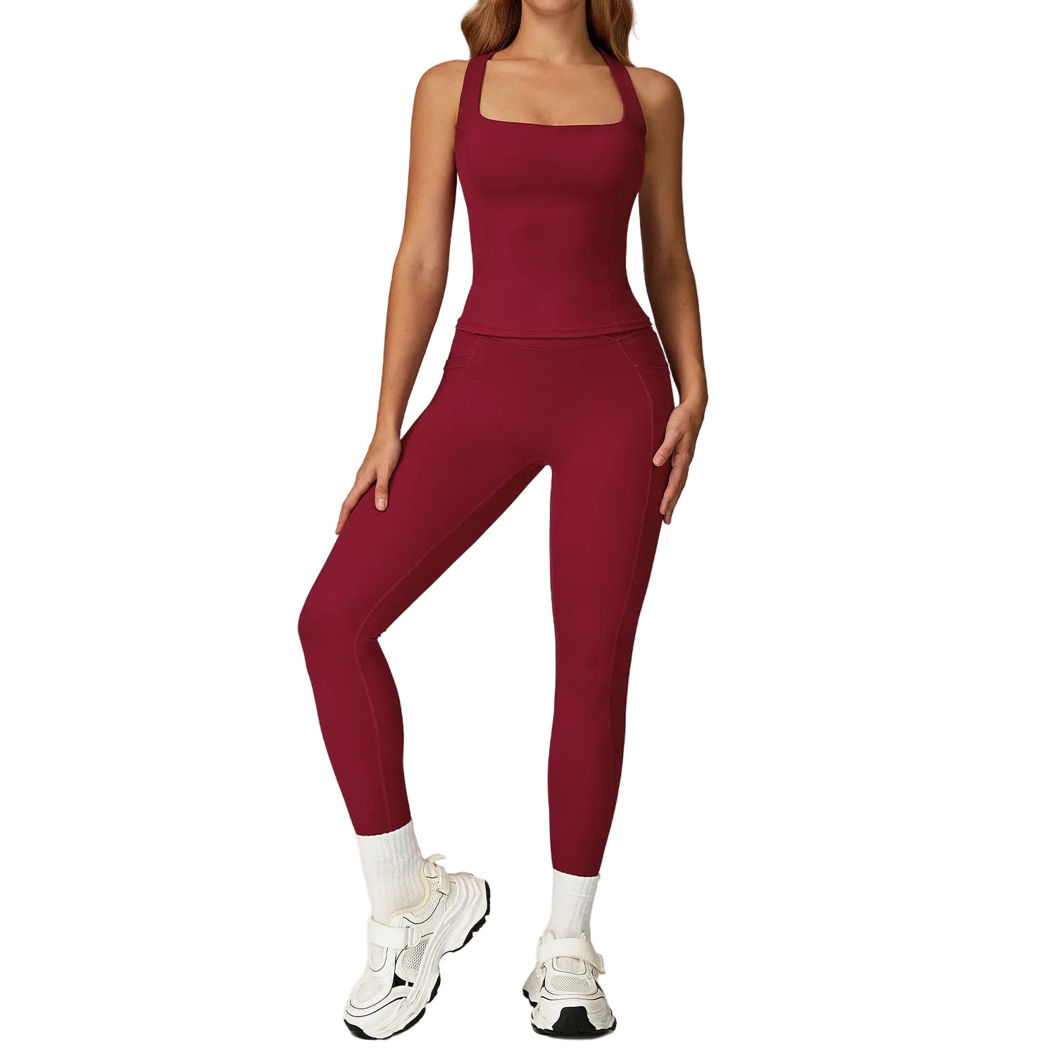 Naked feel slim-fit yoga set for women in cherry red and coffee color, sleeveless vest and pants