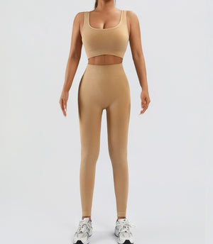 Seamless women's workout set with ribbed tank and high waist yoga shorts in multiple colors