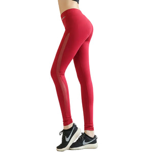 Women's sports running leggings in red, black, and blue with peach-lifting contour
