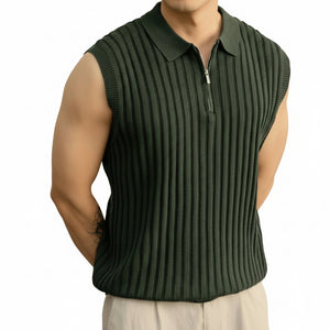 Men's sleeveless knit T-shirt with zipper accents in various colors