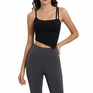 Women's summer yoga tank top with built-in bra in soft peach, black, and white colors