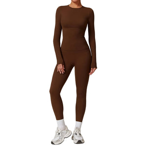 Women's quick-dry brushed yoga set with long sleeve top and high waist leggings in various colors