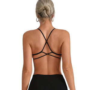Black breathable cross strap sports bra with chest pad