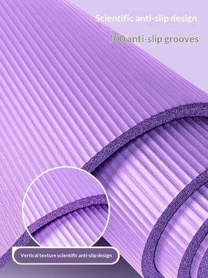 Non-slip shock-absorbing yoga mat in purple, pink, and black with free strap
