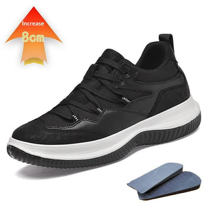 Men's black invisible height increasing casual shoes with front laces and breathable mesh lining