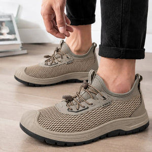 Men's summer mesh breathable slip-on sneakers in black, gray, and khaki