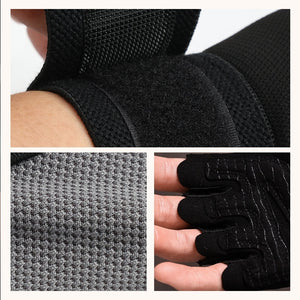 Gym gloves with built-in wrist straps in gray, black, and pink for pull-up and dumbbell exercises