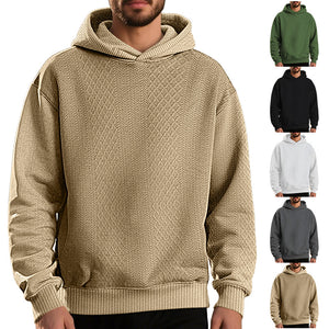 Loosefit jacquard men's hoodie in multiple colors with patch pockets and relaxed fit