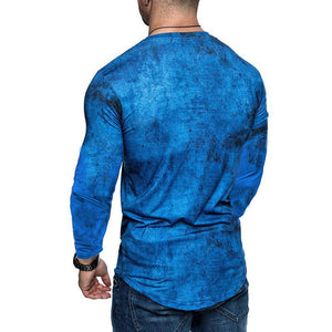 Men's long sleeve t-shirt in blue, grey, and red colors made from milk silk fabric