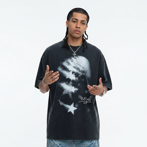 Vintage washed star distressed print t-shirt in washed black color, short sleeve, relaxed fit