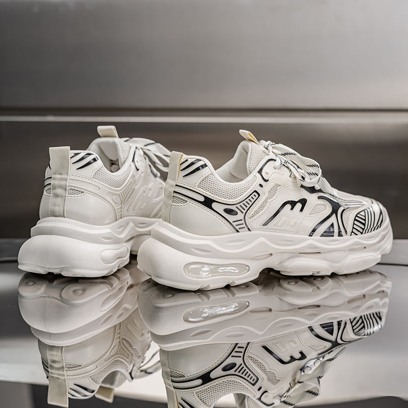Men's breathable mesh platform sneakers in beige and gray with rubber outsole