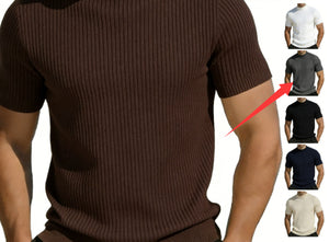Men's short-sleeved knitted mock neck T-shirt in multiple colors