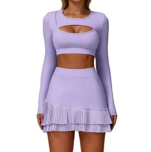 Women's slim fit long sleeve top and skirt sports set in blue and lilac purple