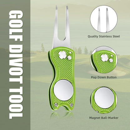 Premium All-Metal Foldable Golf Divot Repair Tool with Pop-Up Button and Magnetic Ball Marker - Available in Packs of 2 to 6