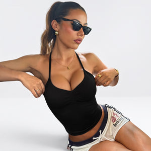 SEAMLESS HALTER SPORTS BRA WITH BUILT-IN PADS