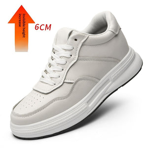 Men's casual leather shoes with hidden height increasing insole in white and black color options