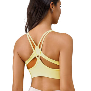 Women's medium-high support sports bra in various colors with push-up design