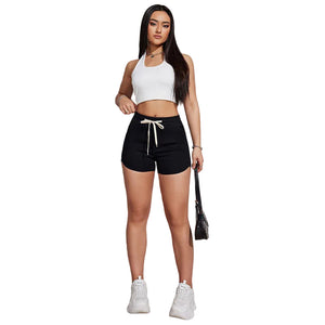 Plus size black A-line drawstring denim shorts for women