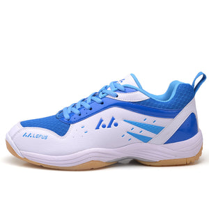 Unisex badminton training and running shoes in blue, sky blue, and yellow colors