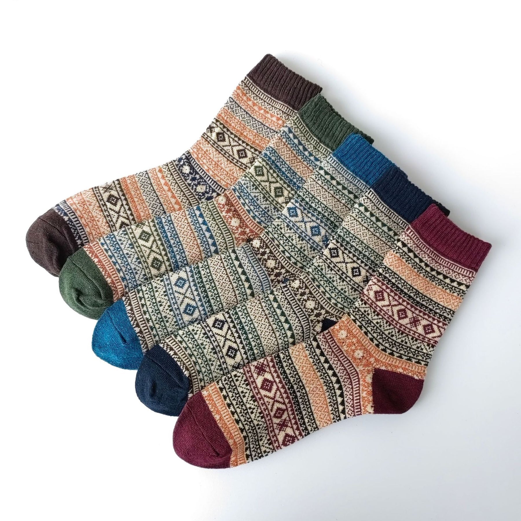 Vintage ethnic-style men's wool winter socks in assorted color block patterns