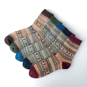 Vintage ethnic-style men's wool winter socks in assorted color block patterns