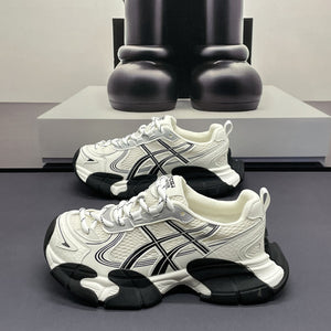 Men's ultra-light mesh dad sneakers in black, silver, and white with round toe and lace-up closure