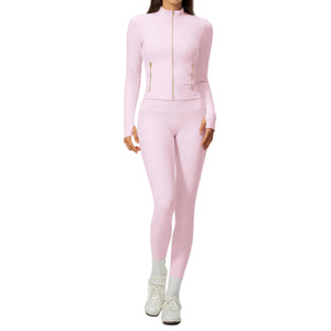 Womens figure-hugging workout two-piece set in various colors showing long sleeve top and mid-rise trousers