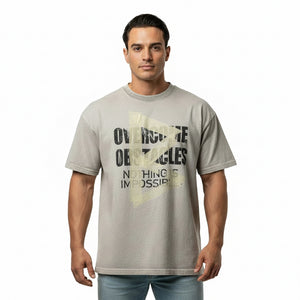 Loose washed cotton t-shirt for men in black and light gray with letter pattern