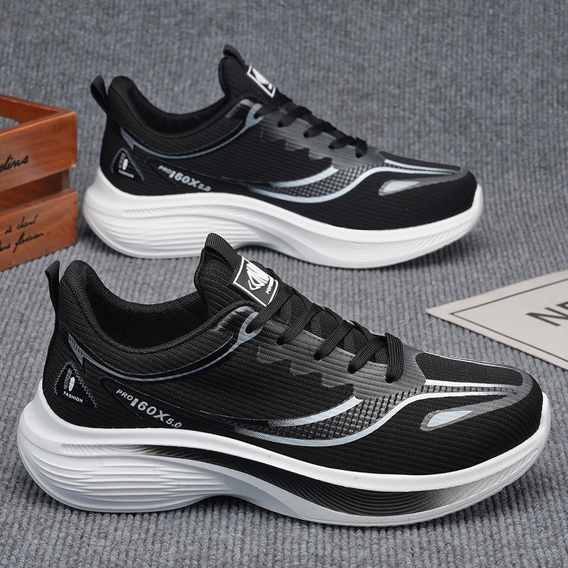 Men's summer fly knit mesh dad sneakers in black, blue, and gray with breathable mesh and rubber sole