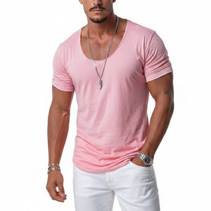 Plus size men's slim-fit V-neck t-shirt in pink, blue, and milky white colors