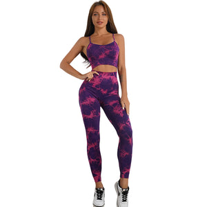 Women's tie-dye print yoga set with high waist shorts or trousers in various colors