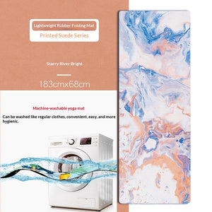 Portable foldable yoga mat with botanical and floral designs in soft suede