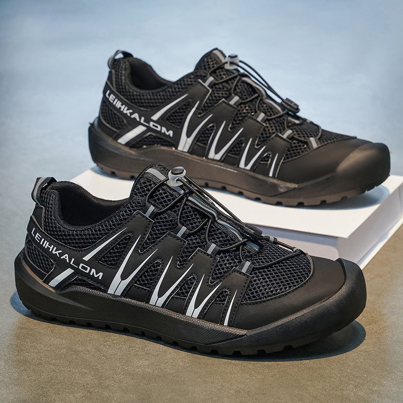 Men's lightweight breathable mesh summer sneakers in black, white gray, and silver blue