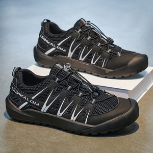 Men's lightweight breathable mesh summer sneakers in black, white gray, and silver blue