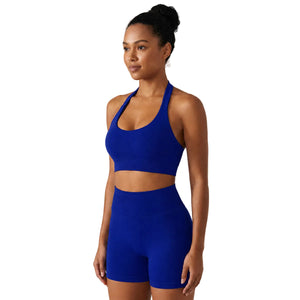 Women's halter sports bra and shorts set in multiple colors