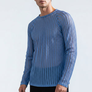 Men's blue textured striped loose-fit long-sleeve t-shirt