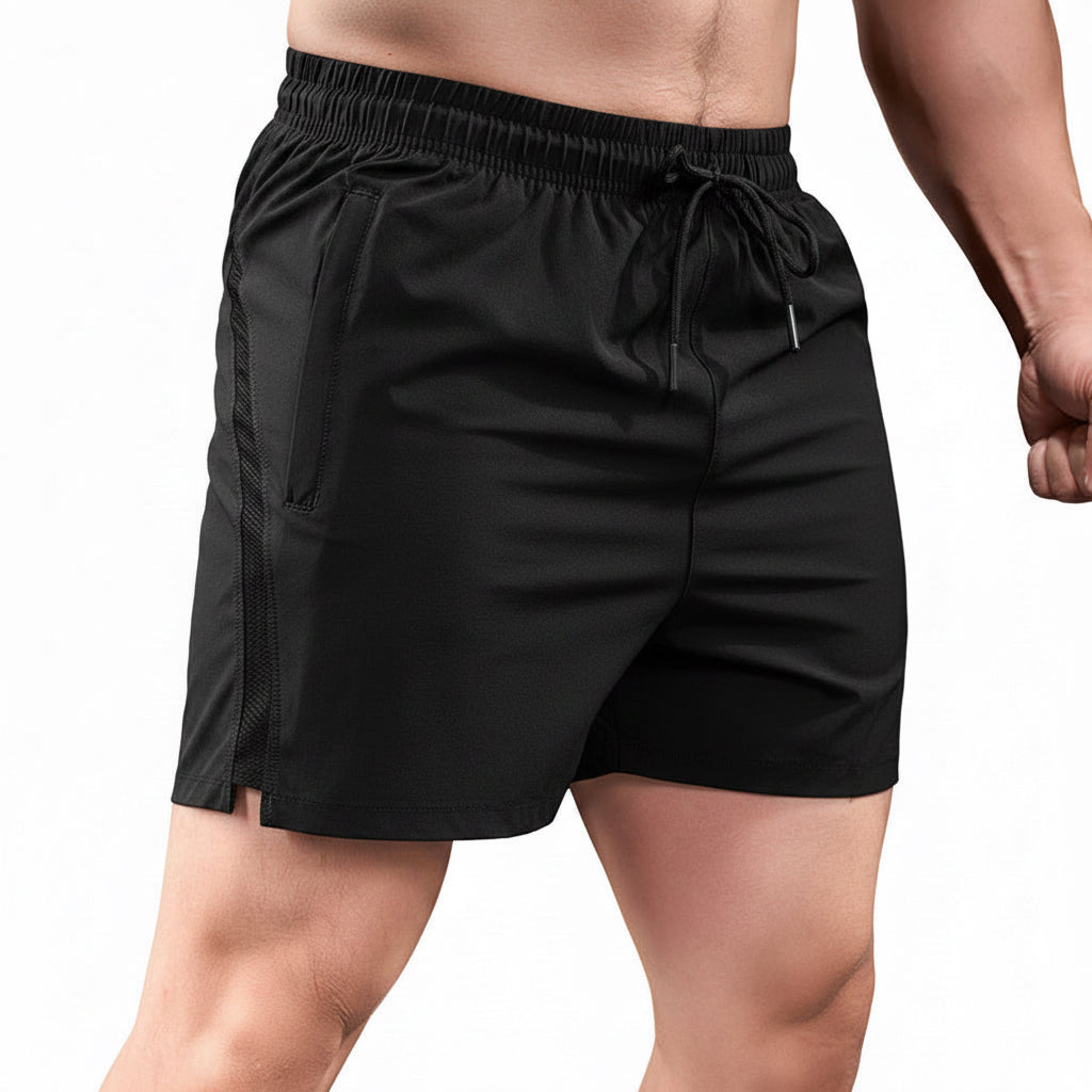 Men's breathable running shorts available in black, gray blue, khaki brown, moss green, and iron gray
