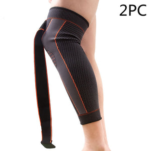 Long straps knee pads in green and black colors showing non-slip sports protection design