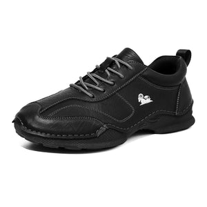 Men's casual flat leather slip-on shoes in multiple colors with stitched rubber outsole