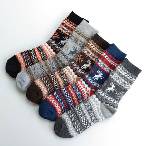 Vintage ethnic-style men's wool winter socks in assorted color block patterns