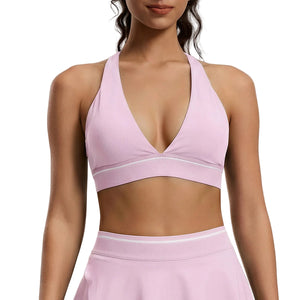 Women's tight yoga sports bra with deep V neck and stylish back design in multiple colors
