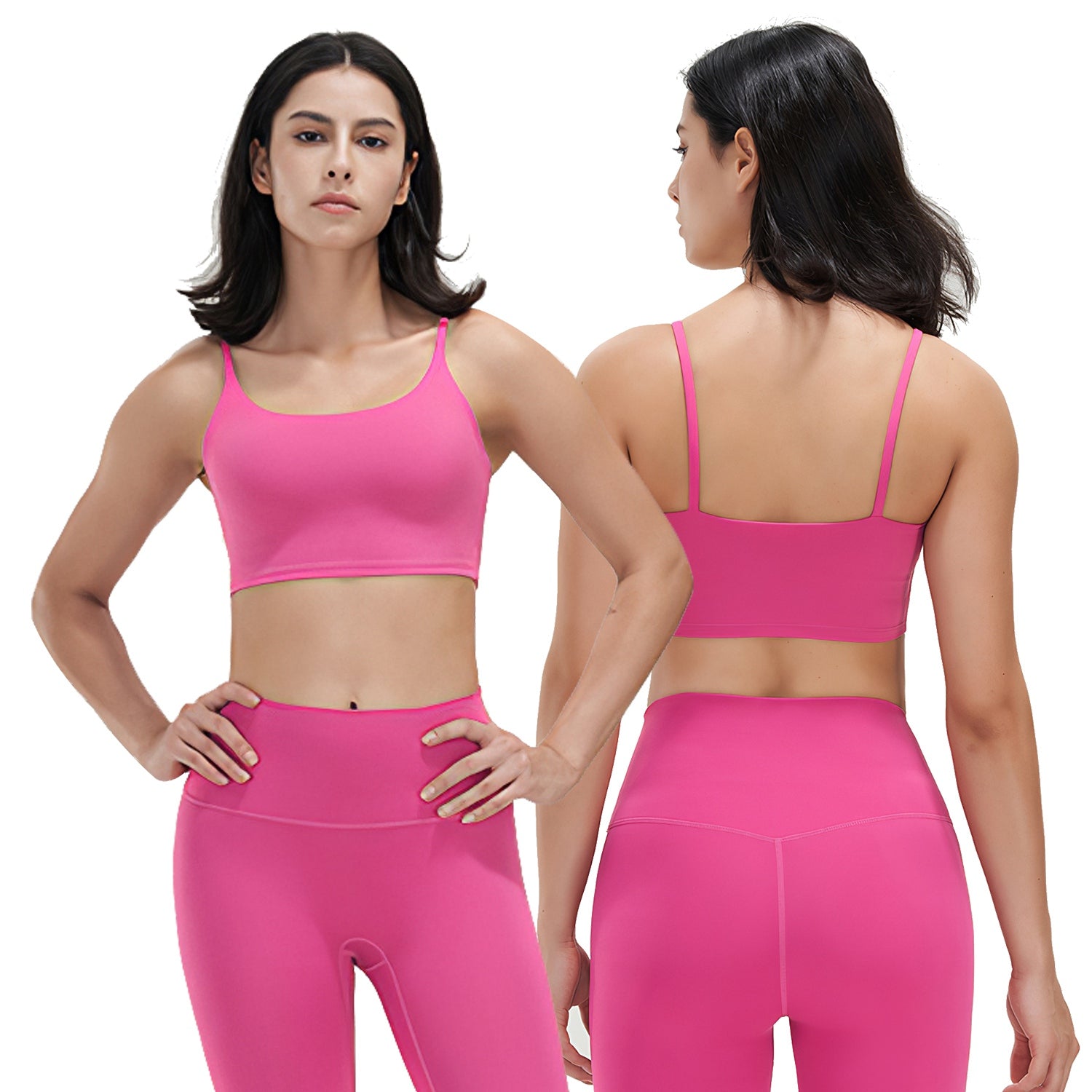 Women's strappy padded sport bra with square neckline and removable pads