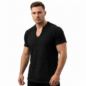 Retro cotton-linen v-neck t-shirt with feathered hem in various colors