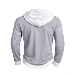Gray textured waffle-knit long-sleeve hoodie with contrast color and buttons