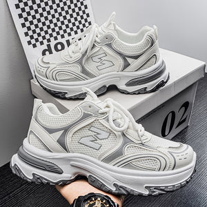 Men's chunky dad sneakers in beige, gray, and silver with breathable mesh and thick sole
