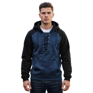 Men's drawstring hooded sweatshirt available in gray, khaki, blue, army green, dark red, and black